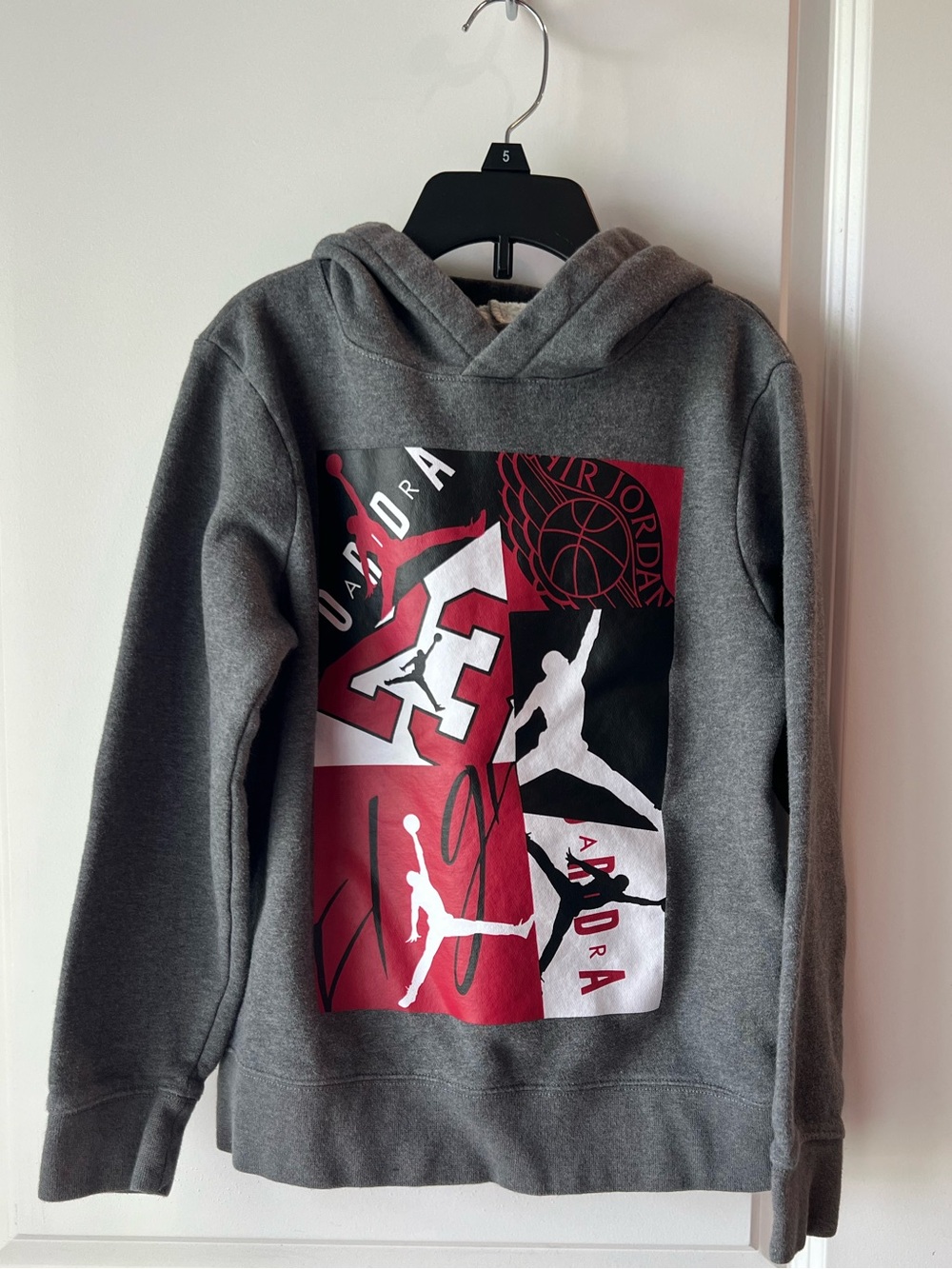 Jordan Gray Hoodie with Red, Black & White Graphic Panel. Small or 8-10 yrs old